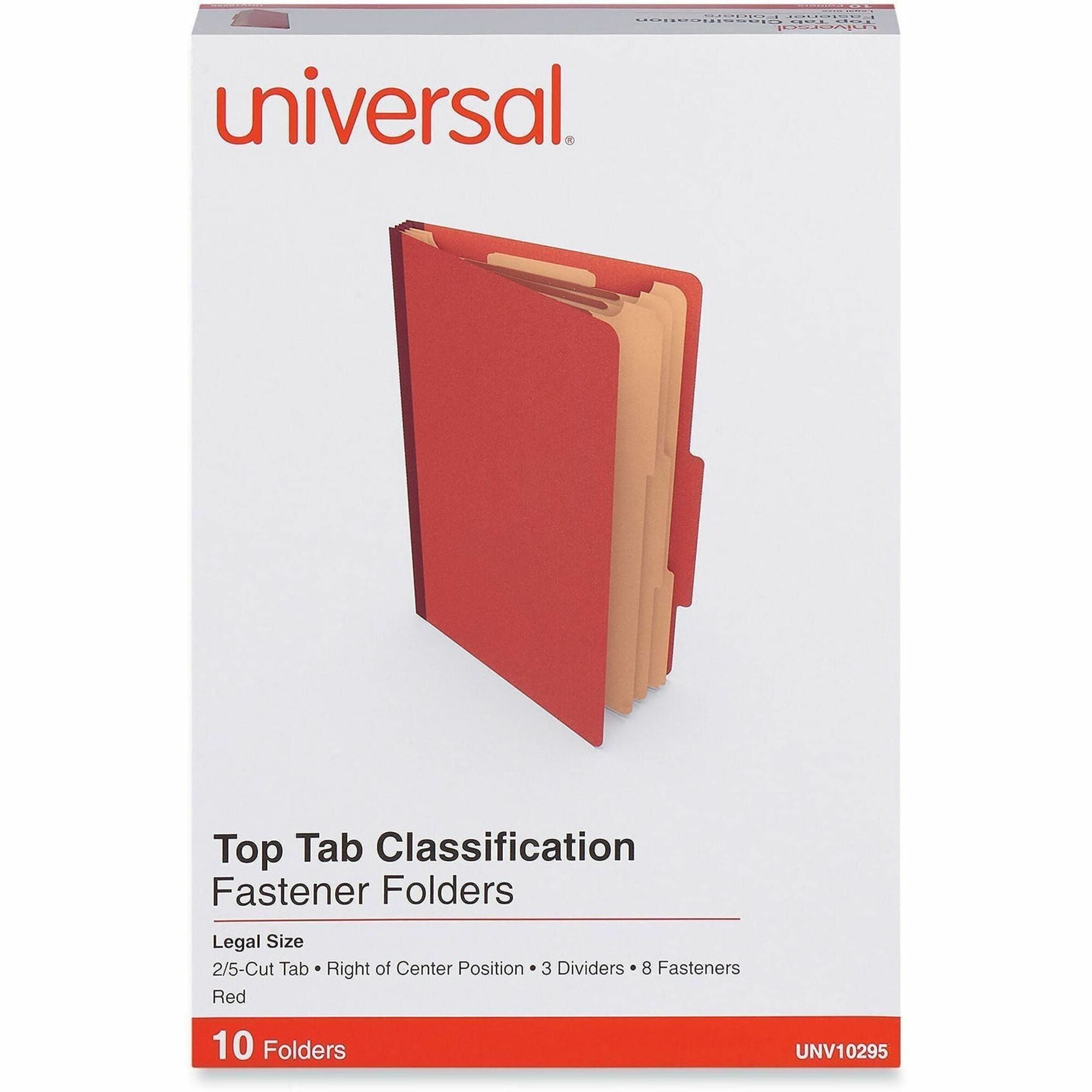 Eight-Section Pressboard Classification Folders, 3" Expansion, 3 Dividers, 8 Fasteners, Legal Size, Red Exterior, 10/Box