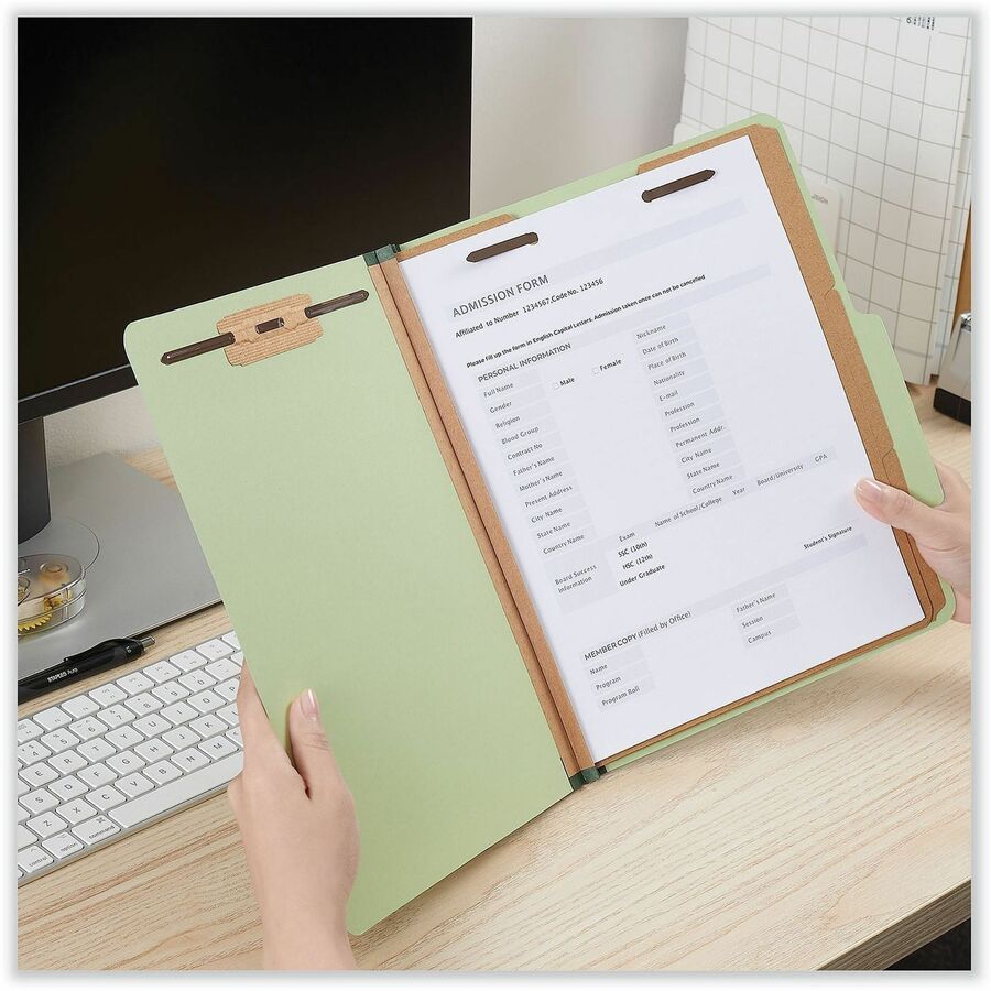 Eight-Section Pressboard Classification Folders, 3" Expansion, 3 Dividers, 8 Fasteners, Letter Size, Green Exterior, 10/Box