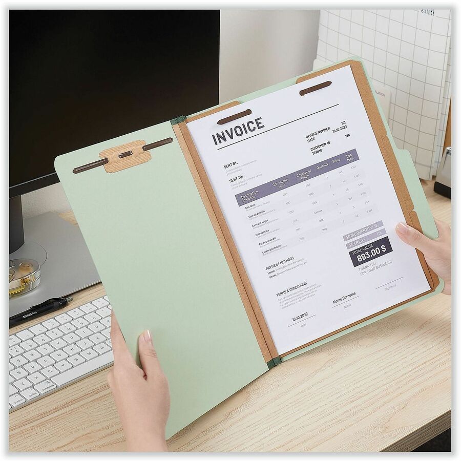 Eight-Section Pressboard Classification Folders, 3" Expansion, 3 Dividers, 8 Fasteners, Letter Size, Gray-Green, 10/Box
