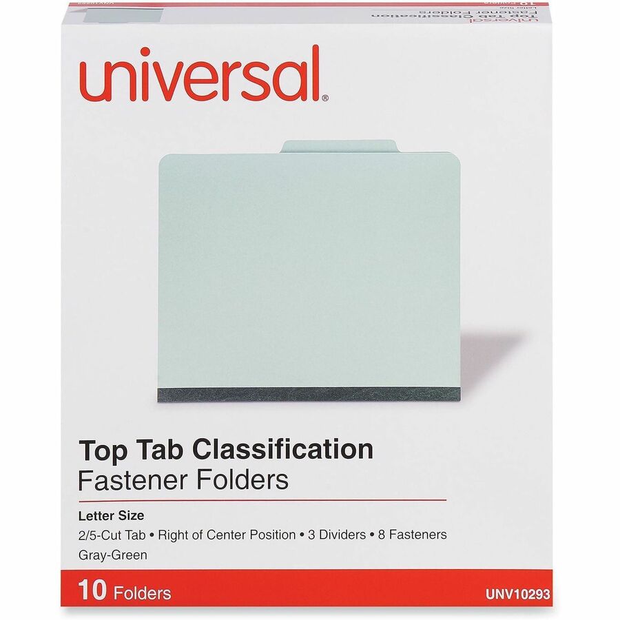 Eight-Section Pressboard Classification Folders, 3" Expansion, 3 Dividers, 8 Fasteners, Letter Size, Gray-Green, 10/Box