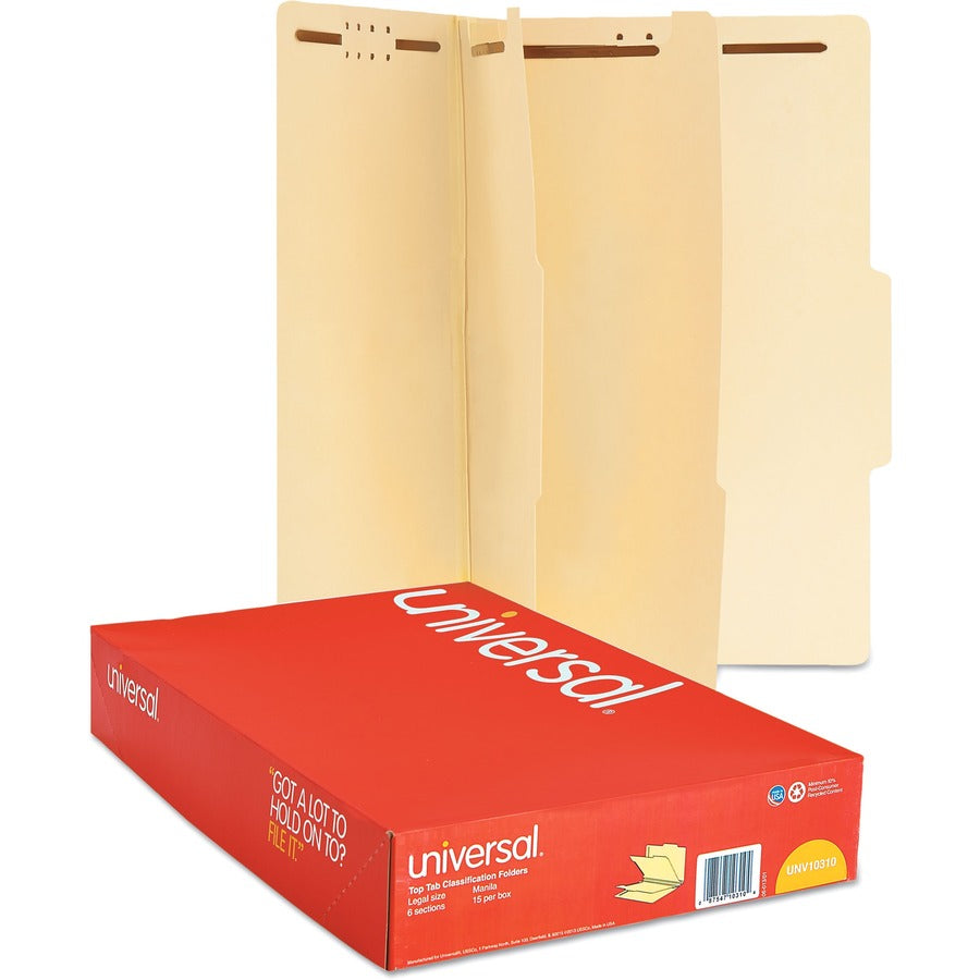 Six-Section Classification Folders, 2" Expansion, 2 Dividers, 6 Fasteners, Legal Size, Manila Exterior, 15/Box