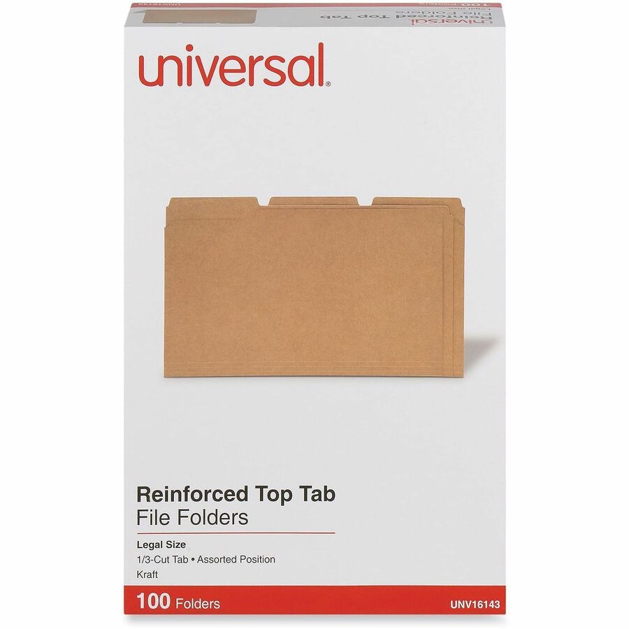 Reinforced Kraft Top Tab File Folders, 1/3-Cut Tabs: Assorted, Legal Size, 0.75" Expansion, Brown, 100/Box