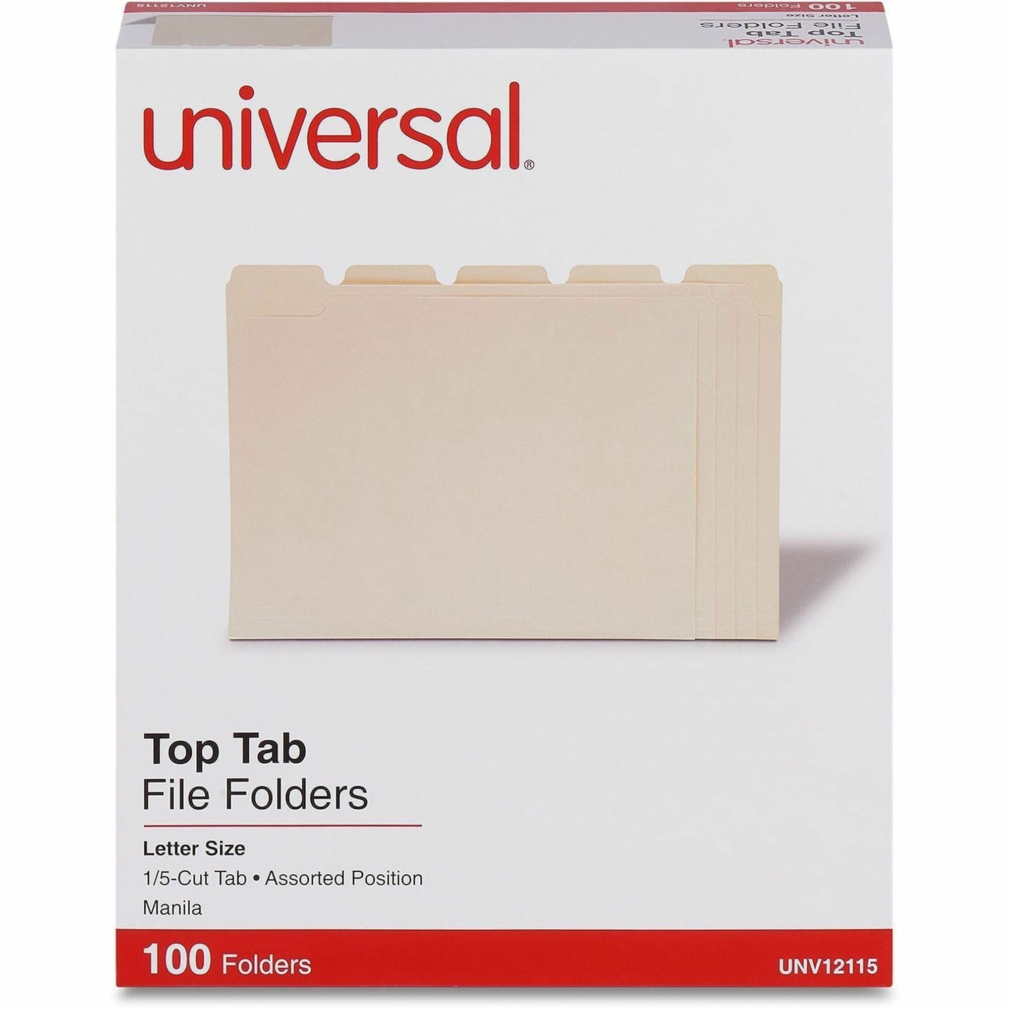 Top Tab File Folders, 1/5-Cut Tabs: Assorted, Letter Size, 0.75" Expansion, Manila, 100/Box