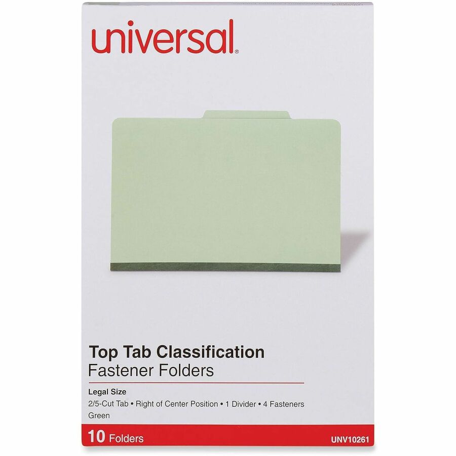 Four-Section Pressboard Classification Folders, 2" Expansion, 1 Divider, 4 Fasteners, Legal Size, Green Exterior, 10/Box