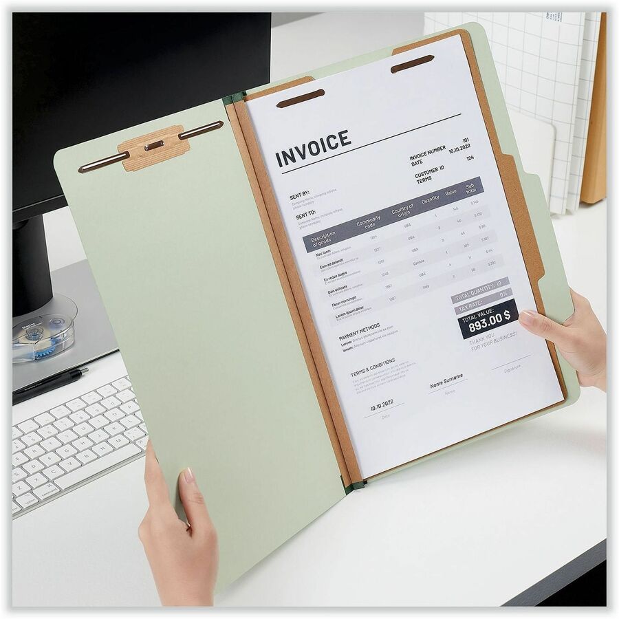 Four-Section Pressboard Classification Folders, 2" Expansion, 1 Divider, 4 Fasteners, Legal Size, Green Exterior, 10/Box