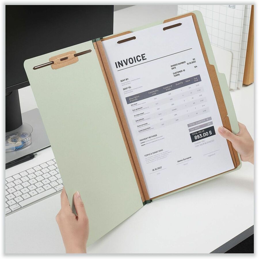 Six-Section Pressboard Classification Folders, 2" Expansion, 2 Dividers, 6 Fasteners, Legal Size, Green Exterior, 10/Box