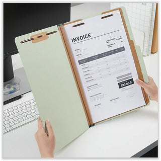 Six-Section Pressboard Classification Folders, 2" Expansion, 2 Dividers, 6 Fasteners, Legal Size, Green Exterior, 10/Box
