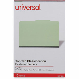 Six-Section Pressboard Classification Folders, 2" Expansion, 2 Dividers, 6 Fasteners, Legal Size, Green Exterior, 10/Box