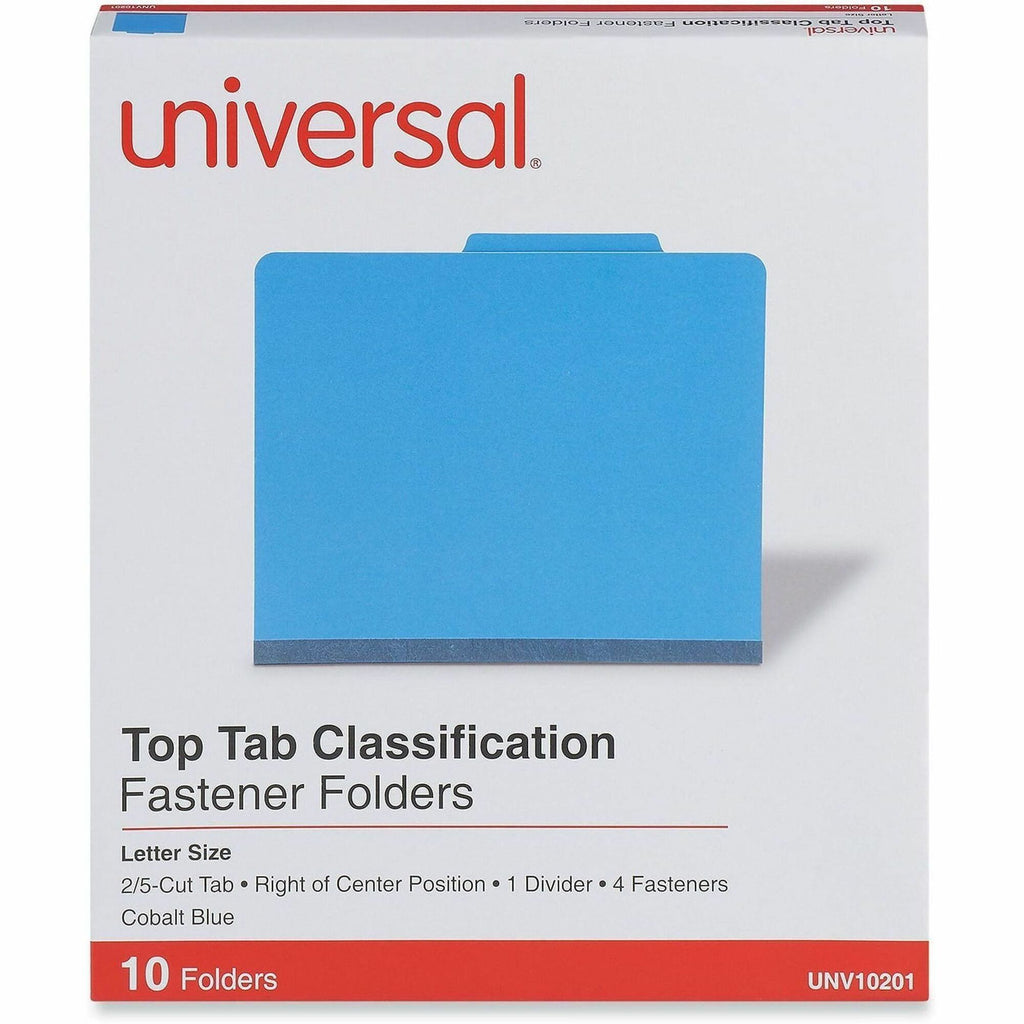 Bright Colored Pressboard Classification Folders, 2" Expansion, 1 Divider, 4 Fasteners, Letter Size, Cobalt Blue, 10/Box