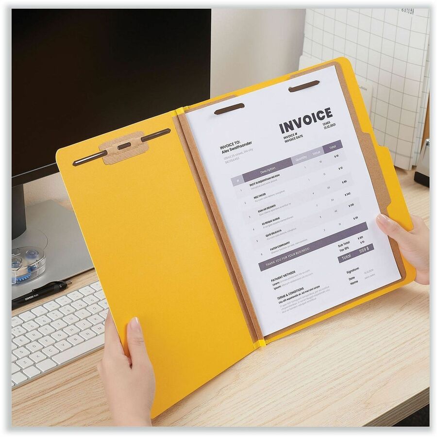 Bright Colored Pressboard Classification Folders, 2" Expansion, 1 Divider, 4 Fasteners, Letter Size, Yellow Exterior, 10/Box