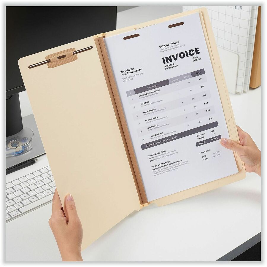 Six-Section Manila End Tab Classification Folders, 2" Expansion, 2 Dividers, 6 Fasteners, Legal Size, Manila Exterior, 10/Box