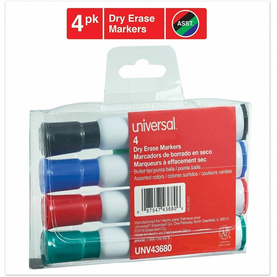 Dry Erase Marker, Medium Bullet Tip, Assorted Colors, 4/Set