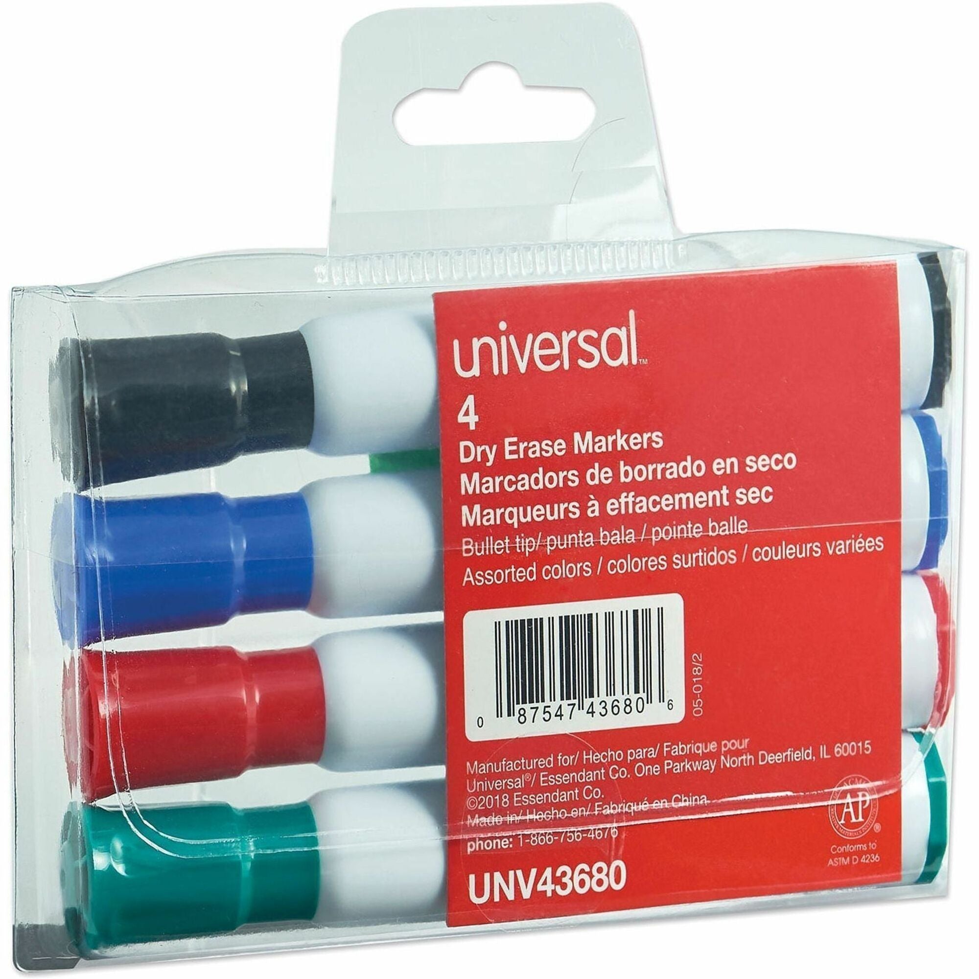 Dry Erase Marker, Medium Bullet Tip, Assorted Colors, 4/Set
