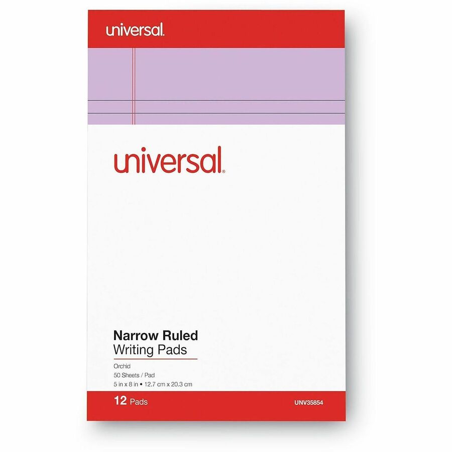 Colored Perforated Ruled Writing Pads, Narrow Rule, 50 Orchid 5 x 8 Sheets, Dozen