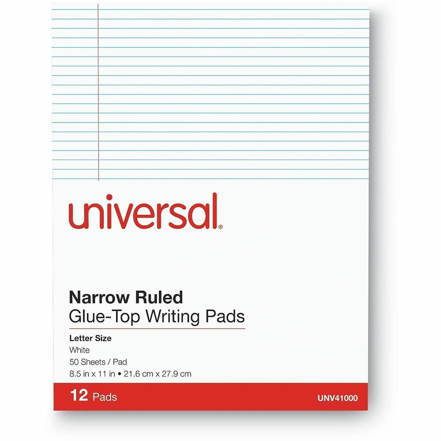 Glue Top Pads, Narrow Rule, 50 White 8.5 x 11 Sheets, Dozen