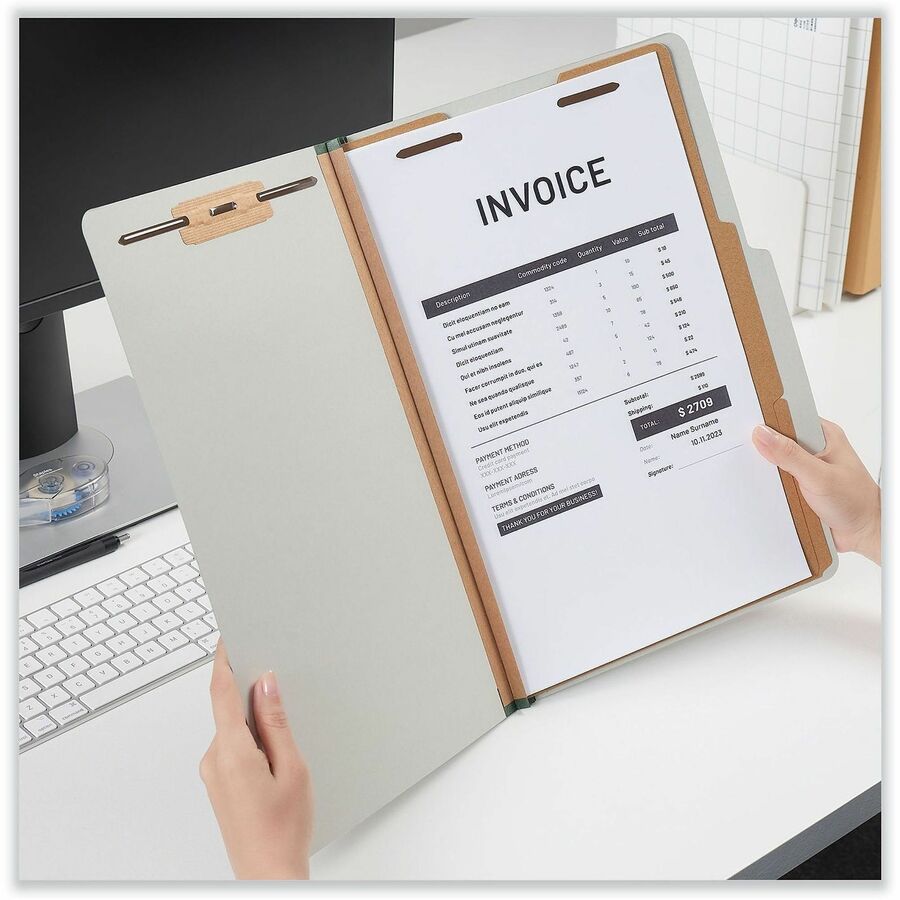 Six-Section Pressboard Classification Folders, 2" Expansion, 2 Dividers, 6 Fasteners, Legal Size, Gray Exterior, 10/Box