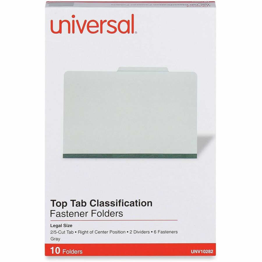 Six-Section Pressboard Classification Folders, 2" Expansion, 2 Dividers, 6 Fasteners, Legal Size, Gray Exterior, 10/Box