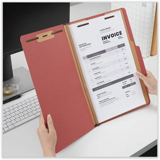 Six-Section Pressboard Classification Folders, 2" Expansion, 2 Dividers, 6 Fasteners, Legal Size, Red Exterior, 10/Box
