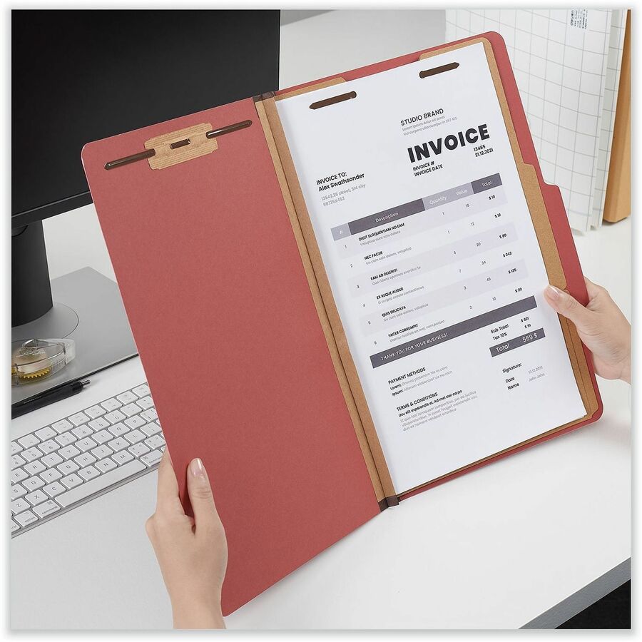 Six-Section Pressboard Classification Folders, 2" Expansion, 2 Dividers, 6 Fasteners, Legal Size, Red Exterior, 10/Box