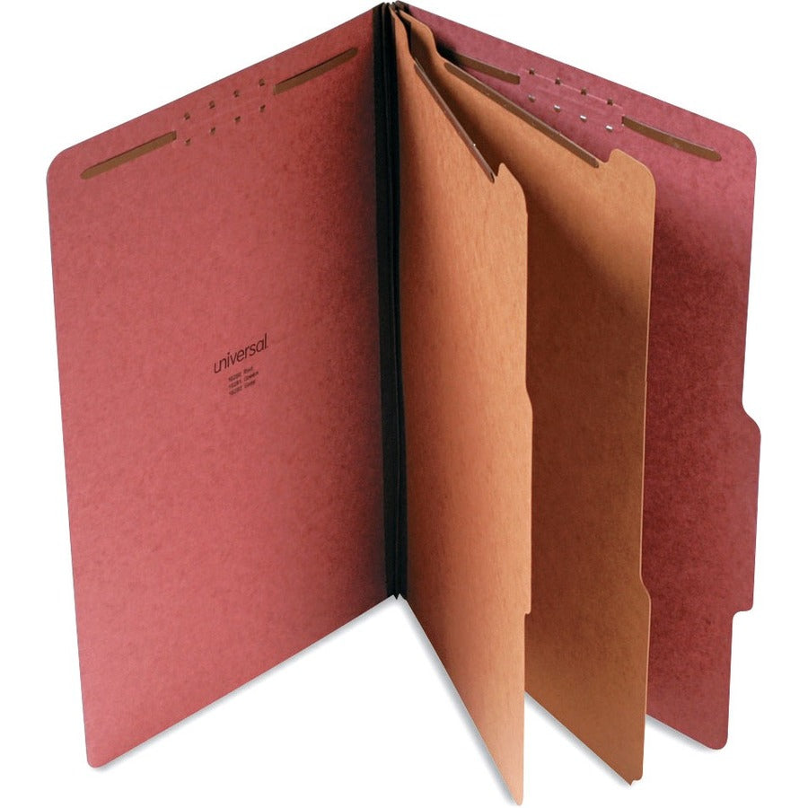 Six-Section Pressboard Classification Folders, 2" Expansion, 2 Dividers, 6 Fasteners, Legal Size, Red Exterior, 10/Box