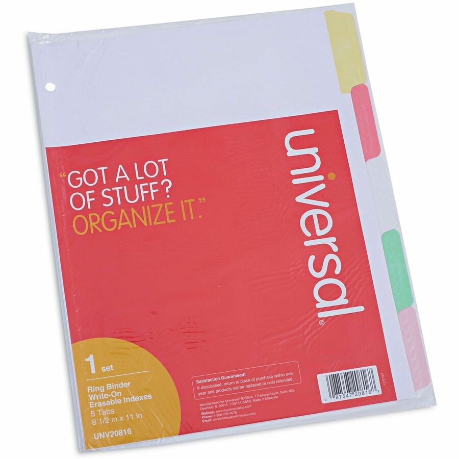 Deluxe Write-On/Erasable Tab Index, 5-Tab, 11 x 8.5, White, Assorted Tabs, 1 Set