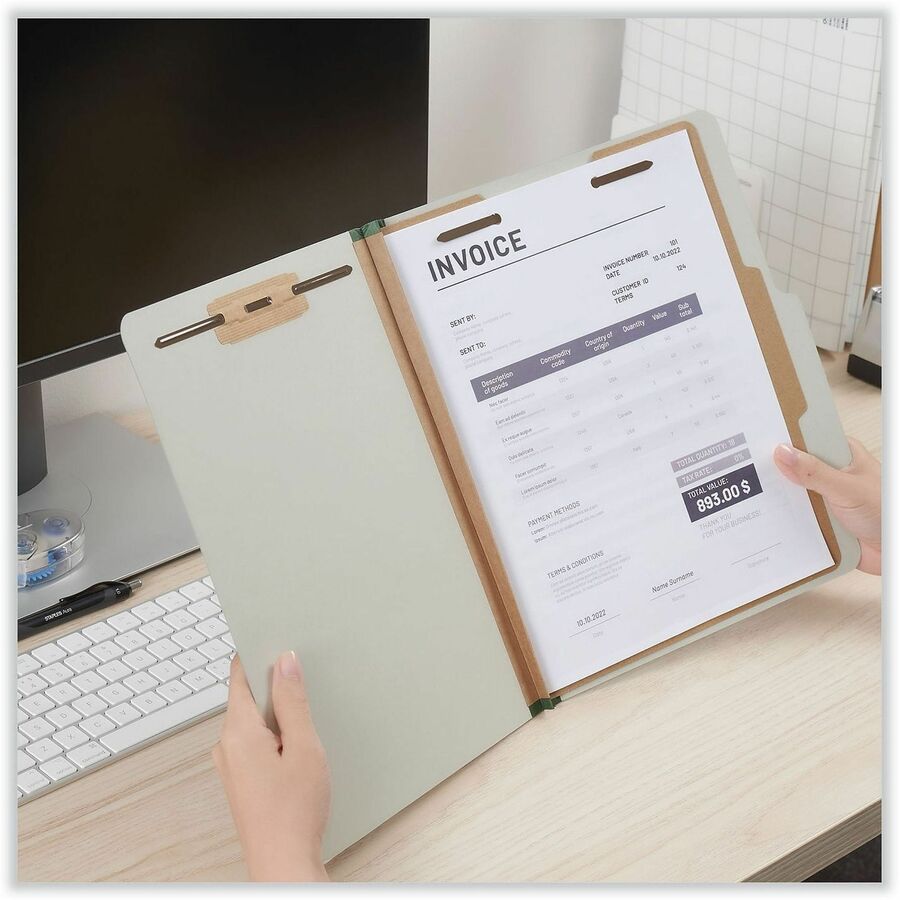 Four-Section Pressboard Classification Folders, 2" Expansion, 1 Divider, 4 Fasteners, Letter Size, Gray Exterior, 10/Box