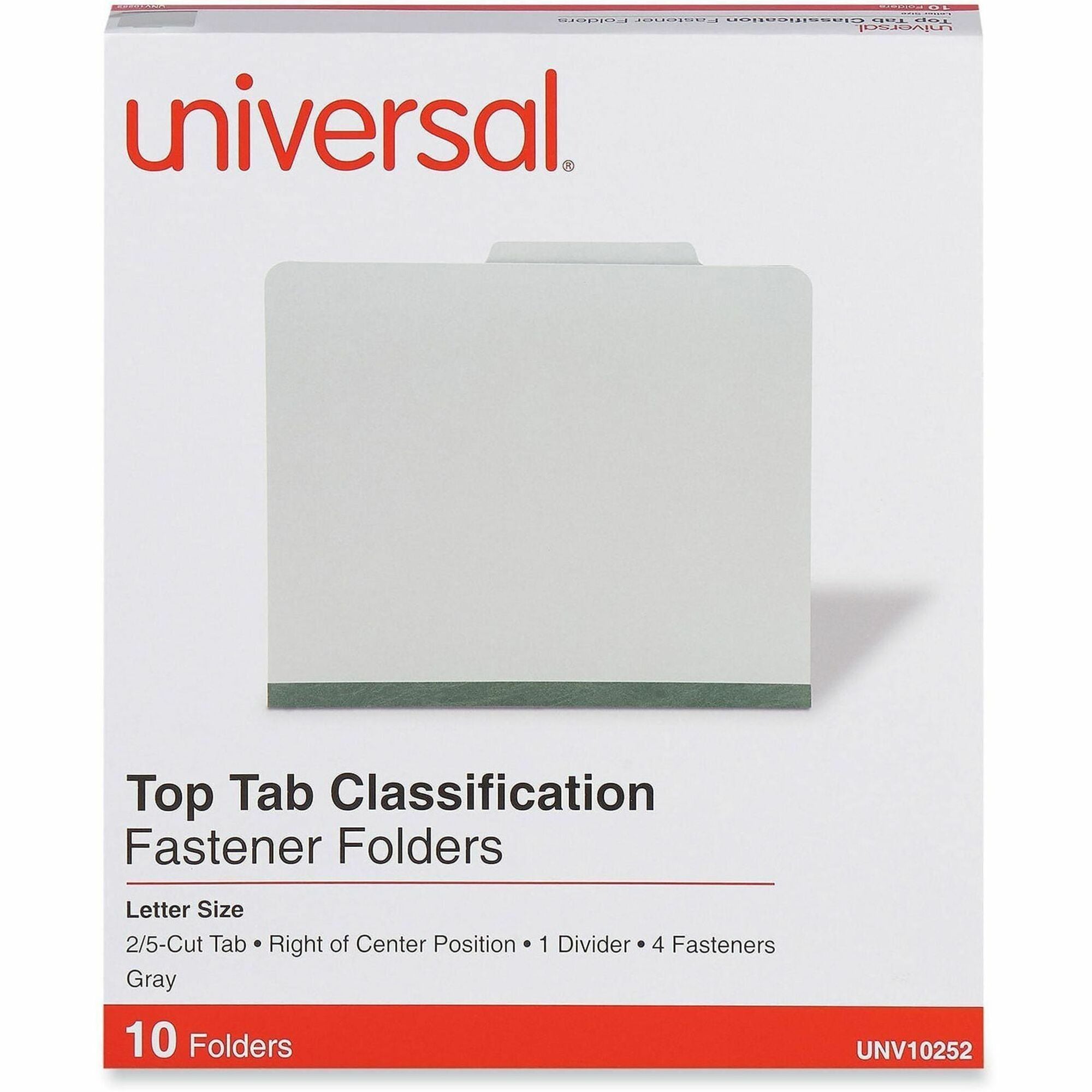 Four-Section Pressboard Classification Folders, 2" Expansion, 1 Divider, 4 Fasteners, Letter Size, Gray Exterior, 10/Box