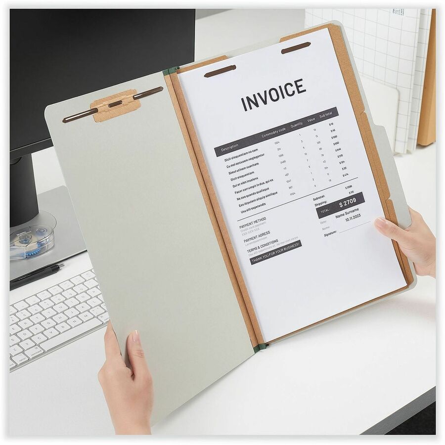 Eight-Section Pressboard Classification Folders, 3" Expansion, 3 Dividers, 8 Fasteners, Legal Size, Gray Exterior, 10/Box