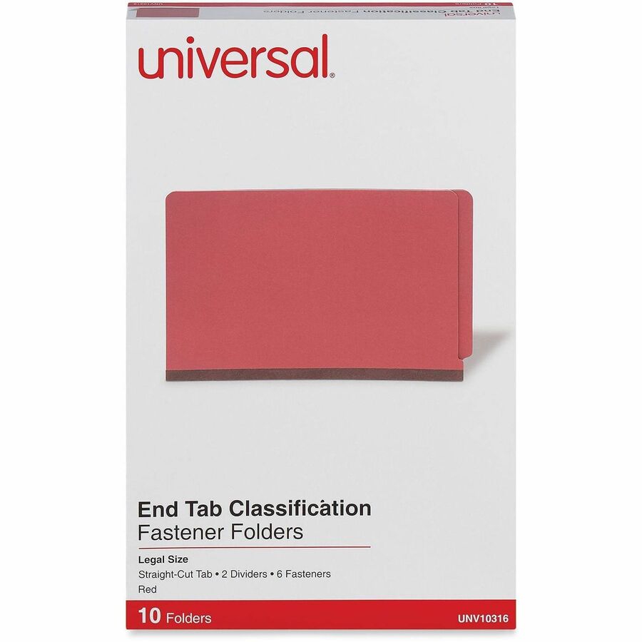 Red Pressboard End Tab Classification Folders, 2" Expansion, 2 Dividers, 6 Fasteners, Legal Size, Red Exterior, 10/Box