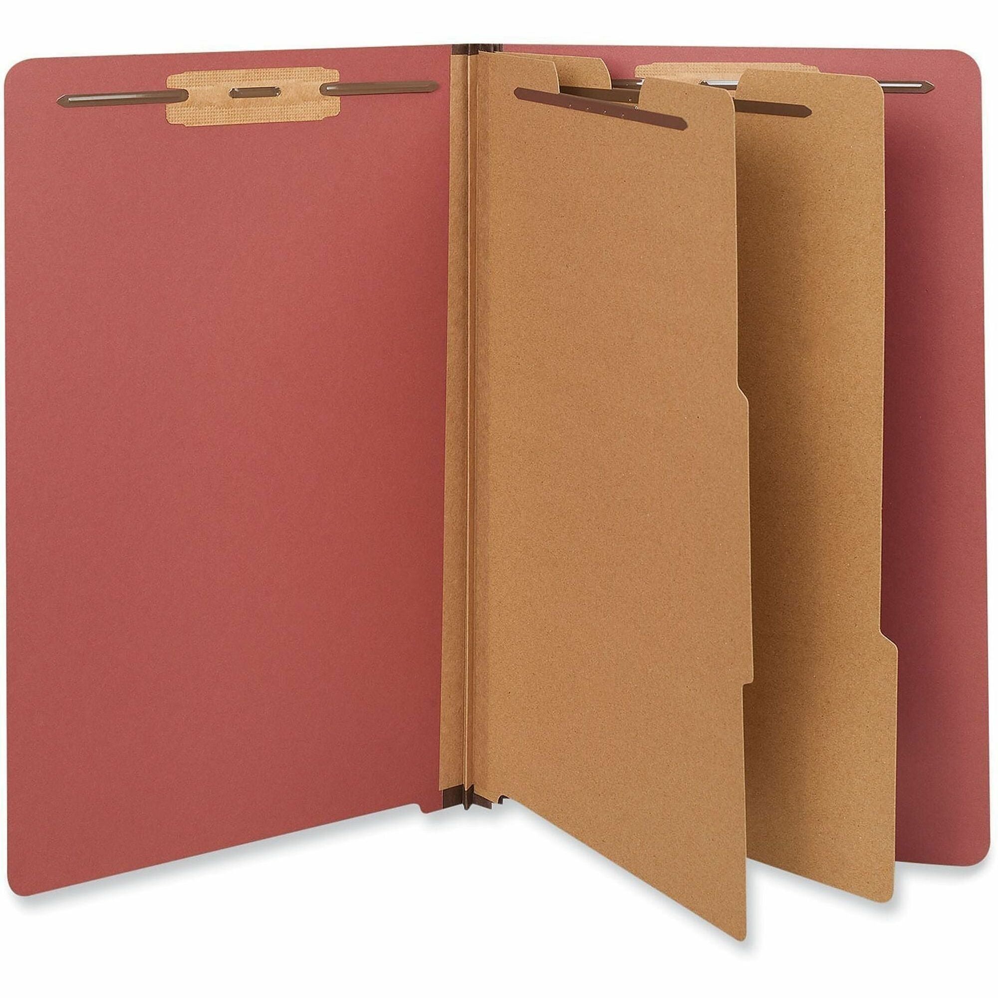 Red Pressboard End Tab Classification Folders, 2" Expansion, 2 Dividers, 6 Fasteners, Legal Size, Red Exterior, 10/Box