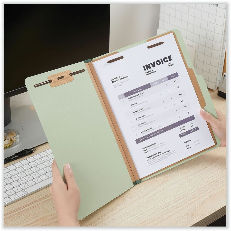 Four-Section Pressboard Classification Folders, 2" Expansion, 1 Divider, 4 Fasteners, Letter Size, Green Exterior, 10/Box