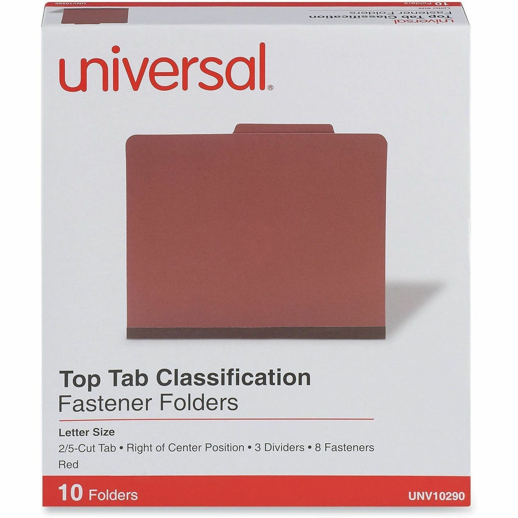 Eight-Section Pressboard Classification Folders, 3" Expansion, 3 Dividers, 8 Fasteners, Letter Size, Red Exterior, 10/Box