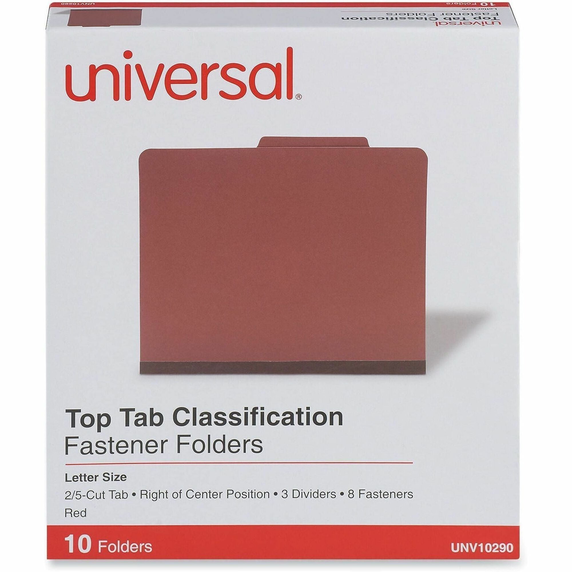Eight-Section Pressboard Classification Folders, 3" Expansion, 3 Dividers, 8 Fasteners, Letter Size, Red Exterior, 10/Box