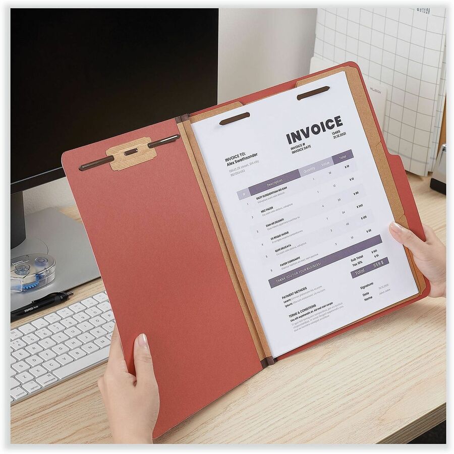Eight-Section Pressboard Classification Folders, 3" Expansion, 3 Dividers, 8 Fasteners, Letter Size, Red Exterior, 10/Box