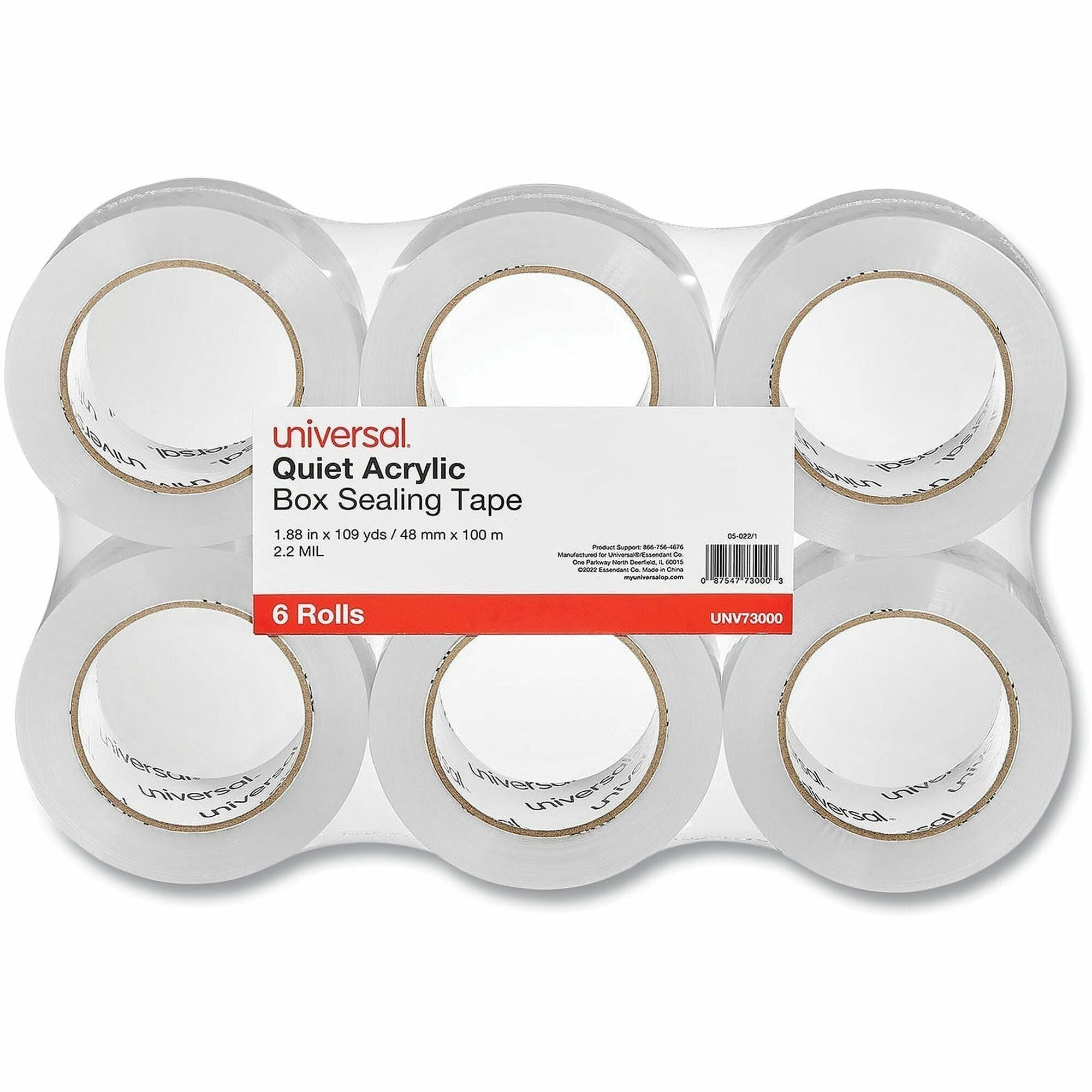 Quiet Tape Box Sealing Tape, 3" Core, 1.88" x 109 yds, Clear, 6/Pack