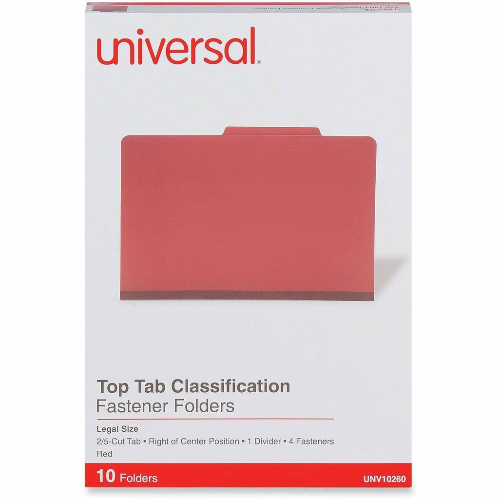 Four-Section Pressboard Classification Folders, 2" Expansion, 1 Divider, 4 Fasteners, Legal Size, Red Exterior, 10/Box
