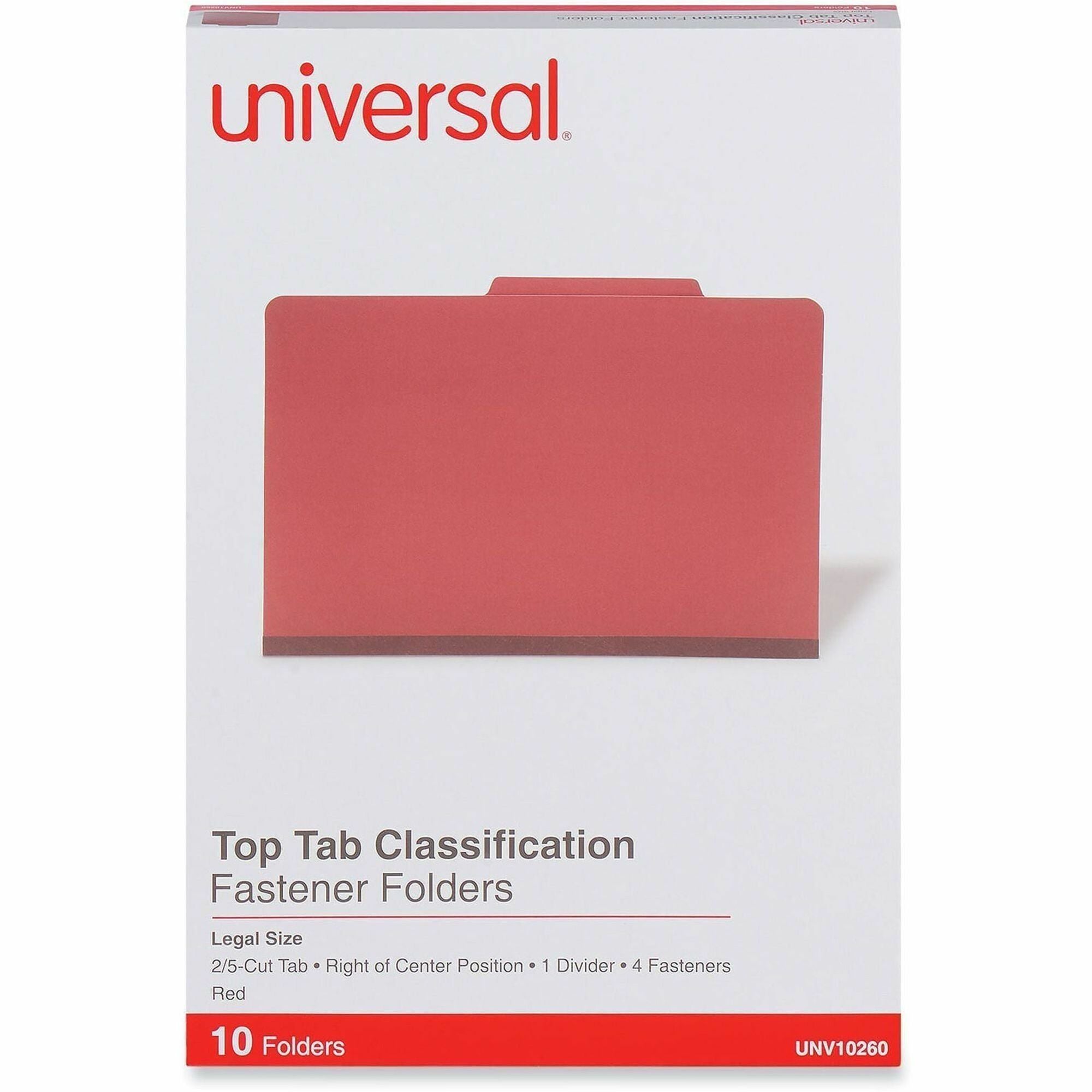 Four-Section Pressboard Classification Folders, 2" Expansion, 1 Divider, 4 Fasteners, Legal Size, Red Exterior, 10/Box