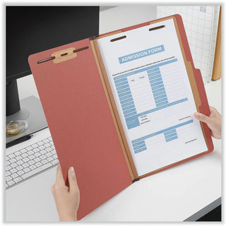Four-Section Pressboard Classification Folders, 2" Expansion, 1 Divider, 4 Fasteners, Legal Size, Red Exterior, 10/Box