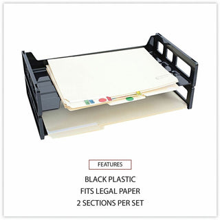 Recycled Plastic Side Load Desk Trays, 2 Sections, Legal Size Files, 16.25" x 9" x 2.75", Black