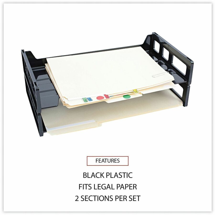 Recycled Plastic Side Load Desk Trays, 2 Sections, Legal Size Files, 16.25" x 9" x 2.75", Black