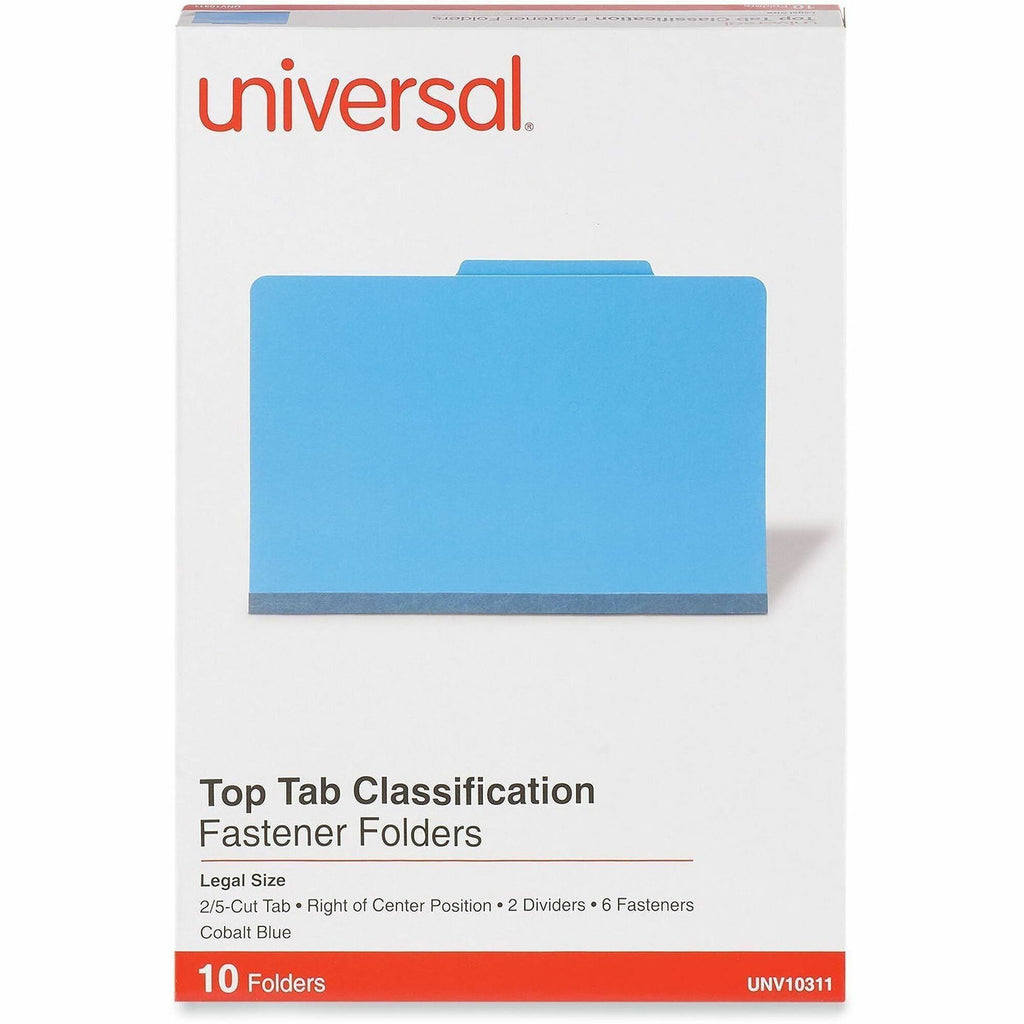 Bright Colored Pressboard Classification Folders, 2" Expansion, 2 Dividers, 6 Fasteners, Legal Size, Cobalt Blue, 10/Box