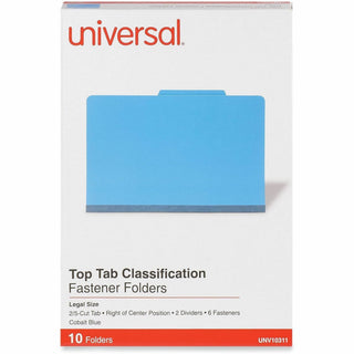 Bright Colored Pressboard Classification Folders, 2" Expansion, 2 Dividers, 6 Fasteners, Legal Size, Cobalt Blue, 10/Box