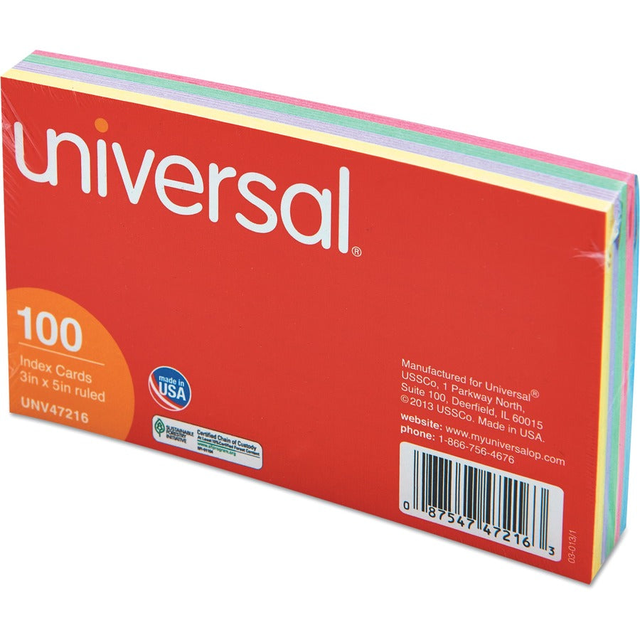 Index Cards, Ruled, 3 x 5, Assorted, 100/Pack
