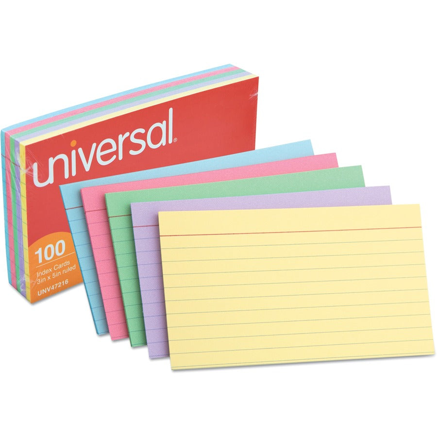 Index Cards, Ruled, 3 x 5, Assorted, 100/Pack