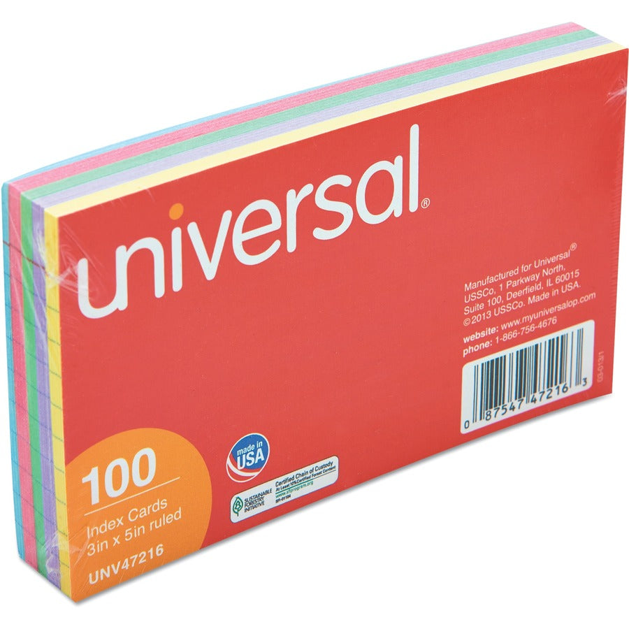 Index Cards, Ruled, 3 x 5, Assorted, 100/Pack