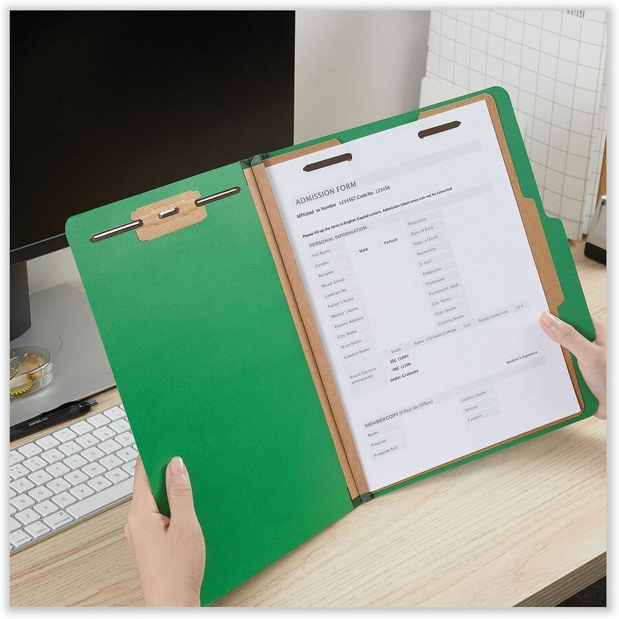 Bright Colored Pressboard Classification Folders, 2" Expansion, 1 Divider, 4 Fasteners, Letter Size, Emerald Green, 10/Box