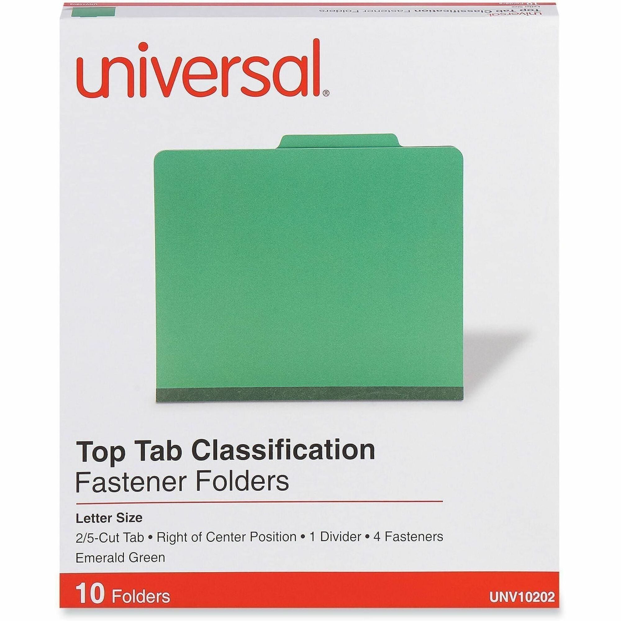 Bright Colored Pressboard Classification Folders, 2" Expansion, 1 Divider, 4 Fasteners, Letter Size, Emerald Green, 10/Box