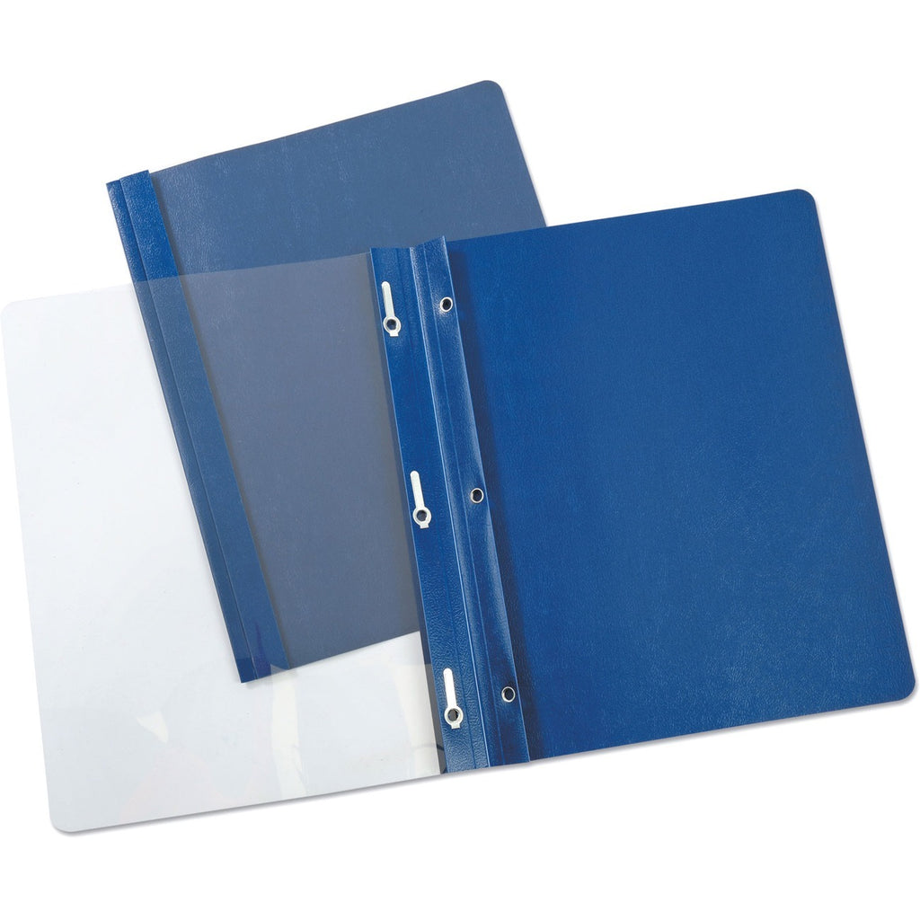 Clear Front Report Covers with Fasteners, Three-Prong Fastener, 0.5" Capacity, 8.5 x 11, Clear/Dark Blue, 25/Box