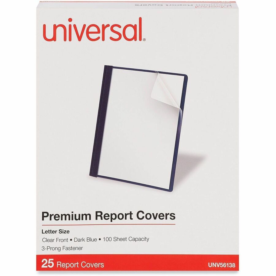 Clear Front Report Covers with Fasteners, Three-Prong Fastener, 0.5" Capacity, 8.5 x 11, Clear/Dark Blue, 25/Box