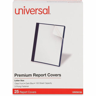 Clear Front Report Covers with Fasteners, Three-Prong Fastener, 0.5" Capacity, 8.5 x 11, Clear/Dark Blue, 25/Box